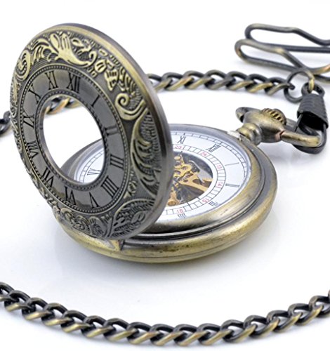 Unendlich U Retro Handaufzug Mechanische Taschenuhr Rmisch Gravierung Hohle Skelett Kettenuhr Duale Zeitanzeigen mit Rmischen Ziffern Bronze