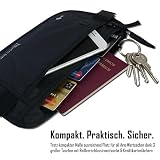 Flache Bauchtasche Reise Geldgürtel Money Belt + RFID-Blocker von Wilford & Sons –Hüfttasche mit 3 großen Taschen | Flach & enganliegend für Geld, Karten, Pass, IDs | Reisen, Sport | Damen, Herren - 