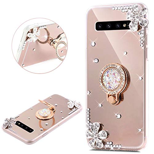 JAWSEU Compatible avec Samsung Galaxy S10 Plus Coque Silicone Glitter Strass Diamant Miroir Bague de Support,Luxe Mode Cristal Clair Fleur Miroir Etui SoupleTPU Gel Téléphone Coque Bumper Case,Or