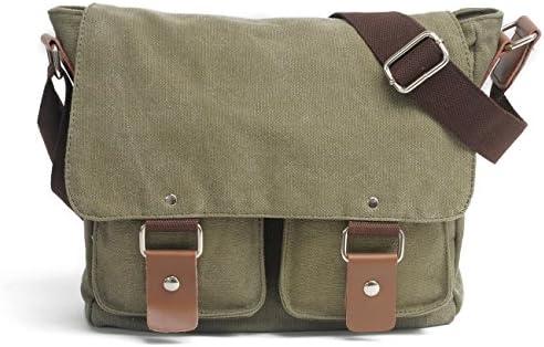 YANGYANJING British Style Retro Mens Canvas Leather Messenger Traval Shoulder Travel Hiking Camping Bag(Army Green)