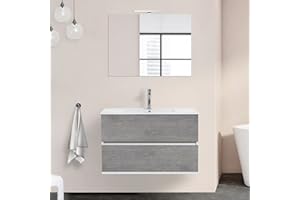 INBAGNO Mobile Bagno sospeso con lavabo in Ceramica e Specchio, cassetti e Ante a Chiusura rallentata, 3 colorazioni Disponibili (90 cm 2 cassetti, Grigio Cemento)