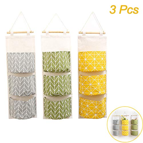 ZhengYue 3 Pcs Sac de Rangement Suspendu Mignon en Tissu de Lin Derrière Porte Murale Pliable pour Ranger Petits Choses dans l'Entrée Jouets Bijoux Clés 3 Poches Gris/Jaune/Vert