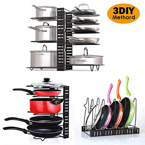 Porte-casseroles Détachable Support Acier 3 en 1 Organiseur de Poêle avec 8 Compartiments Réglables Rangement de Cuisine (Non Protection en Caoutchouc)