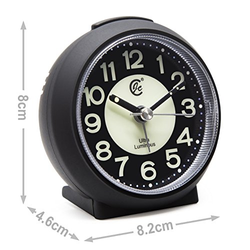 JCC charmante leuchtende kleine runde Handheld Größe nicht ticking Quarz Schreibtisch Uhr Wecker Reisewecker mit Licht Nacht, Snooze Funktion – batteriebetrieben (matt – schwarz) - 8