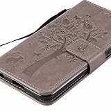 LEMORRY LG X power Hülle Tasche Geprägter Ledertasche Flip Beutel Haut Slim Fit Bumper Schutz Magnetisch Schließung Stehening Soft SchutzHülle Weich Silikon Cover Case Schale für LG X power (K220DS,K220), Glücklicher Baum Grau - 