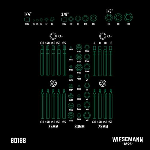 Steckschlüsselsatz 56tlg | WIESEMANN 80188 | Chrom-Vanadium Stahl | Steckschlüssel-einsätze | 1/2″ – 3/8“ – 1/4″ | Bithalter | Bits | Für alle wichtigen Schrauben| im Werkzeugkoffer - 6