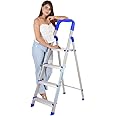 JG COMPANY Strong Heavy Duty 4 Step Elpha Ladder Foldable Durable Aluminium Wide Ladder for Home Anti Non Skid Indoor Outdoor Use Smart Plateform 3 Year Warranty (4 Steps, Orange and Silver)