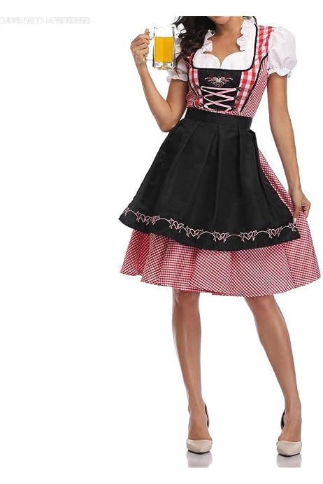 Costume Bavaroise Femme Dirndl – Robe à Carreaux Manches Courtes, Tablier Détachable, Pour Oktoberfest
