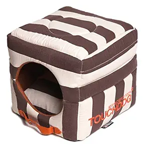 TOUCHDOG 'Polo-Striped' Convertible Squared 2-in-1 Collapsible Pet Dog Cat Bed House, One Size, Cocoa Brown, White