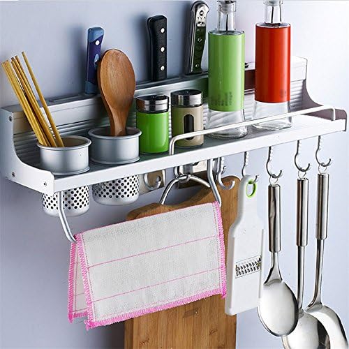 Wall Hanging Kitchen Rack Multifunctional Aluminum alloy 6 in 1 Kitchen Storage Shelf with Spice Rack, Shelves, Bottle Racks, Various Hanger Hooks &amp; Pot Organizers for Kitchen Organization