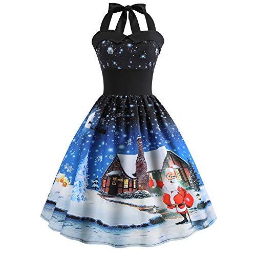 Femme Noël Vintage Élégant Mini Robe, Femmes Vintage 1950's Audrey Hepburn Pin-up Robe de Soirée Cocktail, Style Halter Années 50 à Pois Ba Zha Hei(Bleu foncé,XXL)