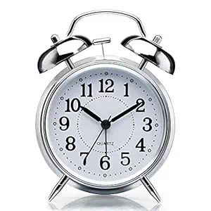 TIEXA  Brass Vintage Twin Bell Table Top Alarm Clock with Night Led Light Display for Heavy Sleepers Kids and Students (Silver)