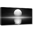 CXHOSTENT Full Moon Canvas Wall Art - Black and White Sea Landscape Reflection - Large Living Room Decor Frame (Moon - 3, 30L x 60W cm)