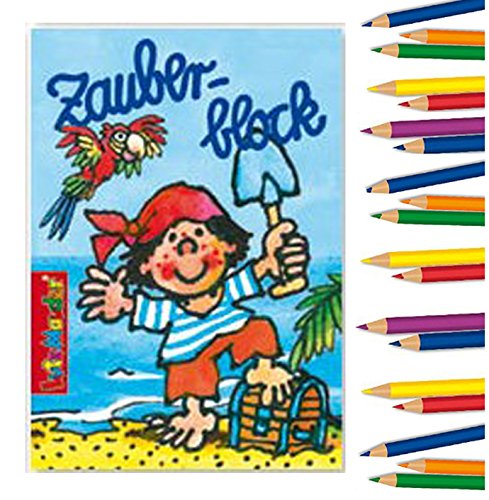 8x Pirat Pit Planke Zauberblock + 12 Partynelly Buntstifte, Zauberblöckchen, Mitgebsel, Piratenparty, Seeräuberparty, Geburtstagsfeier
