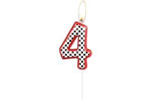 MCISKIN Birthday Cake Number 4 Candle Topper, Red Racing Happy Birthday 4th Cake Toppers, Red Black and White Racing Decorations for Kids Boys Car Theme Birthday Party