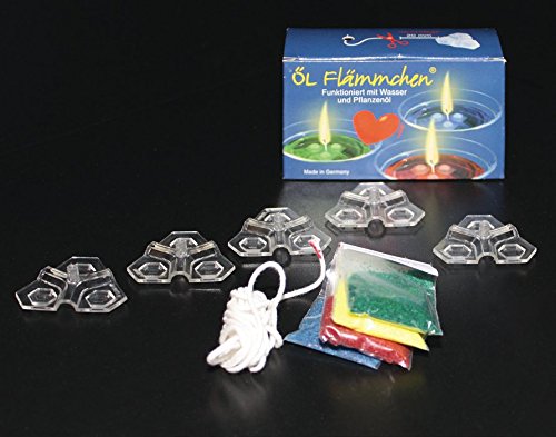 Schwimmlichter - Original Öl-Flämmchen (5 Stück + 1 m Docht + Farbset in einem Geschenkkarton)
