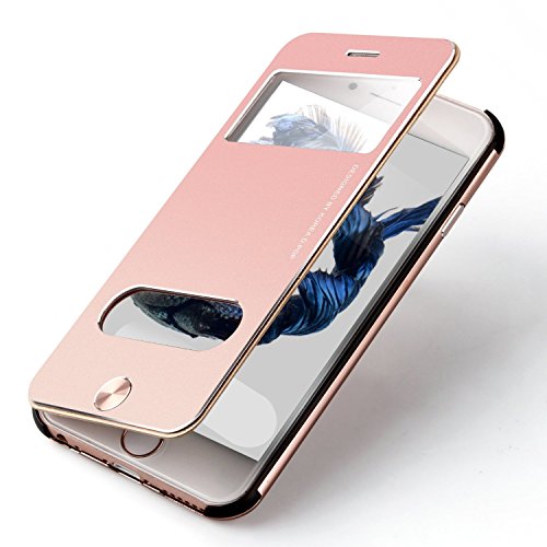 Premium Oats Apple iPhone 6, 6s Schutzhülle mit stylischer Aluminium Vorder und Rückseite Sichtfenster Anrufe schnell Annehmen Hülle Hard Cover Flip Back Case Tasche – von OKCS® – in Rose Gold - 2