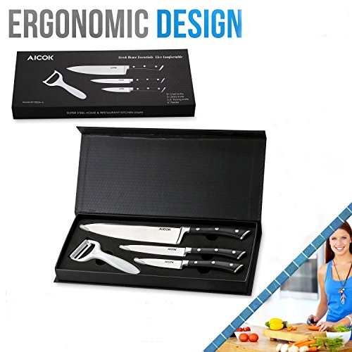 Aicok Messerset, 4-tlg., Messer Set mit Rostfreier Spezialstahl Kochmesser, Allzweckmesser, Schälmesser und Sparschäler, Schwarz - 7