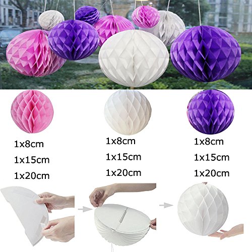 Daily Mall Wabenball Set Pompoms Honigwabe Papier Kugel 9er 8cm/15cm/20cm Papierwaben Papier Pompom Mixed DIY PomPoms Zum Aufhängen Seidenpapier schöne Dekor für Geburtstag Hochzeitsfest Basteln Babyshower Dekoration Feier Party Baby-Duschen Brautduschen Wohnungdeko (Pink-Hell Violett-Weiß) - 5