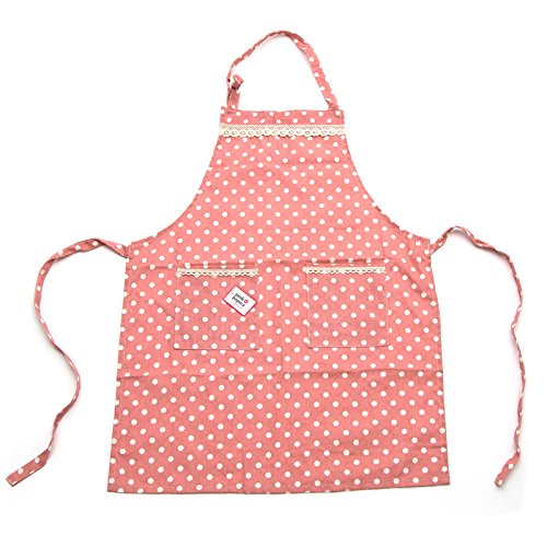 Pink Papaya Schürze, Kochschürze für Frauen und Männer aus 100% Baumwollleinen, Küchenschürze EMMA, Farbe: pink/weiß gepunktet mit Spitzenapplikationen