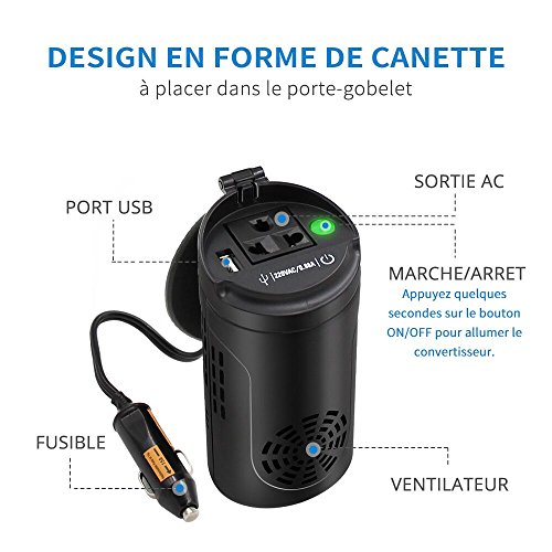 POTEK 150W Convertisseur Chargeur 12V à 220V pour Voiture Camping-car en forme de Canette - Prise Universelle (compatible avec prise française)