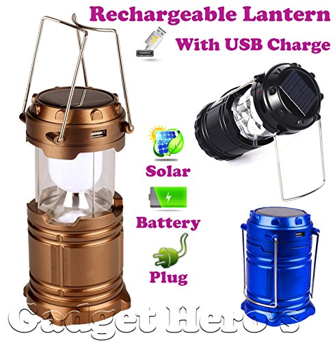 Gadget Heros™ Solar Rechargeable LED Lantern. Collapsible Retro Camp Light. With Battery / Plug Charging Options. 6W Ultra Bright Ideal For Hiking, Emergencies, Power Outages & Trekking. RS.333 (70.00% Off) - Amazon
