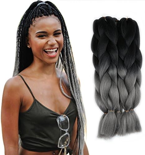 5 Pieces 2 Tone Ombre Braiding Hair Crochet Braids Synthetic Hair Extensions 24 Inch (Black/Dark Gray#, 5pcs/Lot)
