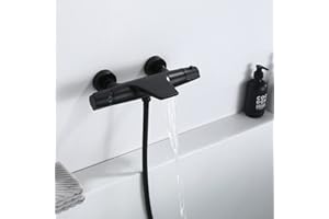 Homelody Robinet de Baignoire Cascade Thermostatique noir pour Baignoire Robinet Mitigeur,Mitigeur thermostatique douche avec Bouton Sécurisé à 40°C en Laiton Chromé…