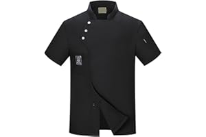 Tuelaly Professional Chef Jacket, Men Women Chef Top Short Sleeves Stand Collar Solid Color Pocket Buckle Catering Work Clothes Plus Size Bakery Chef Uniform Shirt Black 4XL
