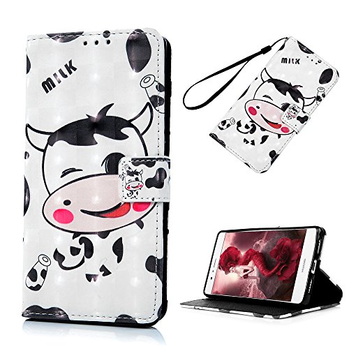 Huawei P9 Lite Hülle Badalink Schutzhülle Leder PU+TPU Handyhülle 3D Cartoon Kuh Handytasche Wallet Case Ständer Magnet-Schloss Cover Flipcase