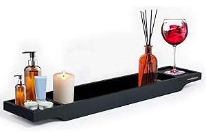 MantraRaj Bamboo Bath Caddy - Wooden Bathtub Bridge Rack With Storage Shelf Organizer for Reading, Tablet, Wine Glass and Accessories (Black)