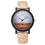 JSDDE Uhren,Damen Retro Stil Abstrakte Bild Armbanduhr Vintage Damenuhr Holz Kork Muster PU Lederband Analog Quarzuhr