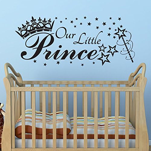 OUR LITTLE PRINCE, quote wall art sticker decal with crown, stars and magic wand, for baby boys nursery, BLACK, 100x42 cm