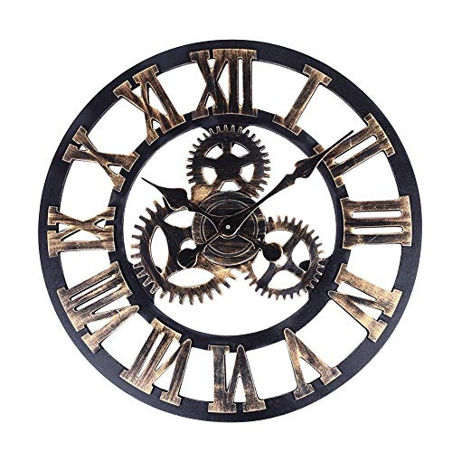 Yookay pendolo da parete stile vintage, disegni realizzati a mano in legno 3D gear design art industriale regalo rotondo orologio da parete 40 cm oro con numeri romani