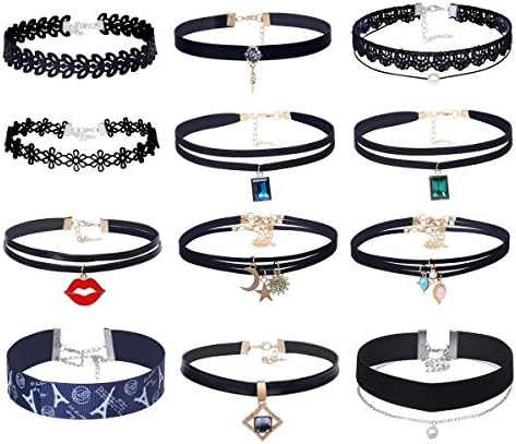 Elegant Rose Choker Necklaces Sets Stretch Tatto Choker for Women Girls, Black (12pcs)