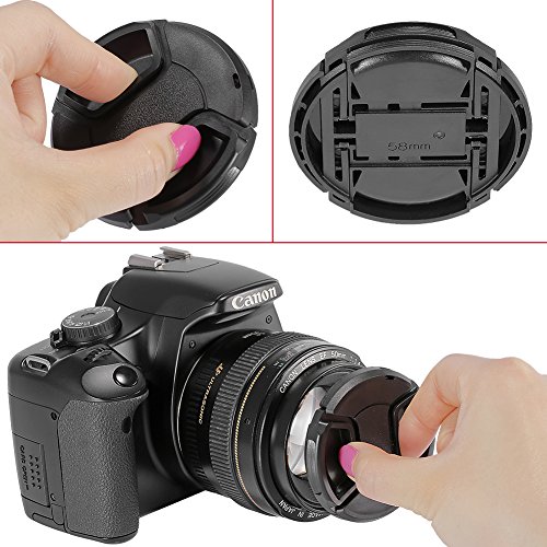 Neewer   58mm Kit d Accessoires pour Appareil Photo Canon Rebel T5i T4i T3i T3 T2i T1i XT XTi XSi SL1 Canon EOS 700D 650D 600D 550D 500D 450D 400D 350D 300D 1100D 1000D 100D 60D Kit Comprend 5 Etuis Housse de Protection pour Cam  ra Objectif 58MM   5 Lass Longues pour Bouchon d Objectif   1 Chiffon Microfibre de Nettoyage