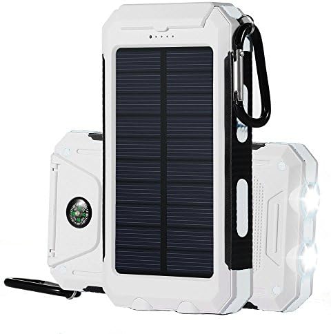 F.Dorla 10000mAh Power Bank Solar Charger Waterproof Portable External Battery USB Charger Built in LED Flashlight with Compass for Apple iPad iPhone Android Phone PSP MP3 Camera and other USB Powered Devices (White-blackwhite)