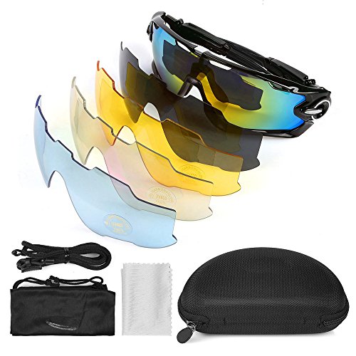 LeaningTech Unisex Fahrradbrille Sonnenbrille für Herren und Damen, Polarisiert Radbrille Sportbrille Schutzbrille mit 5 Wechselgläser, UV400 Schutzbrille für Sport Radfahren Skifahren Fishing Angeln Reiten Fahren Laufen Joggen Golf