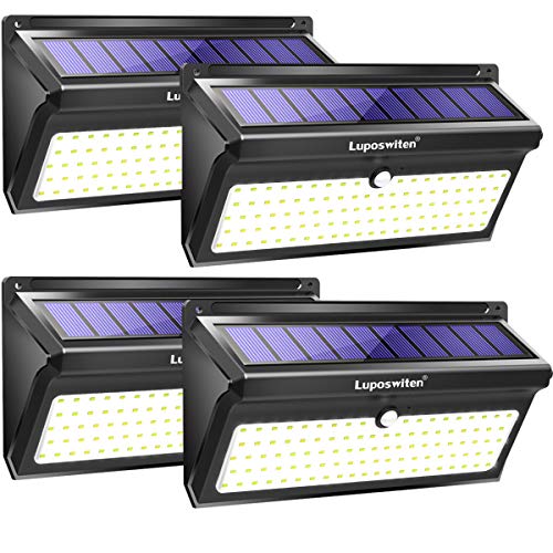 Focos Solares, Luposwiten 100 LED Lamparas Solares Exterior, 2000LM Luz Solar Exterior con Sensor de Movimiento, 2400mAh Luces Solares para Jardins, Garaje, Acera, Escaleras(4 Pieza)