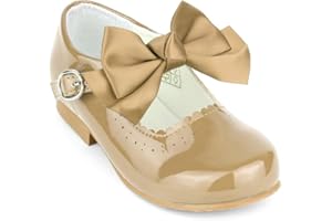 SEVVA Girls Spanish Style Mary Jane Bow Shoes Shiny Patent Children's Shoes Pink, White, Ivory, Navy, Red, Camel UK5-3