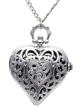 SODIAL (R) Taschenuhr Kette Anhänger Herzen silber Quartz Vintage Unisex