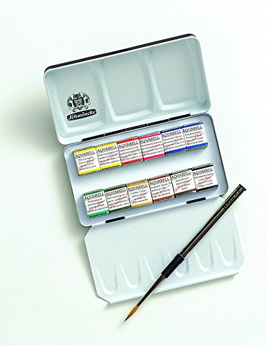 Schmincke Aquarellfarbe, Horadam Aquarell Malkasten, Metallkasten, 12 x 1/2 Näpfchen inkl. 1 Pinsel
