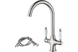 NewEast Kitchen Taps,Dual Lever Brushed Nickel Kitchen Mixer Sink Tap with 360 Degree Swivel Spout and Flexi Hoses
