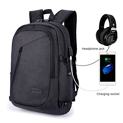 Mochila Antirrobo para Ordenador o iPad hasta 15.6 pulgadas, con USB Puerto y Puerto de Auriculares, Resistente al Agua, Ideal para Estudiantes/ Negocios/ Viajes, 28cm x 18cm x 50cm/ 19.7 x 11 x 7
