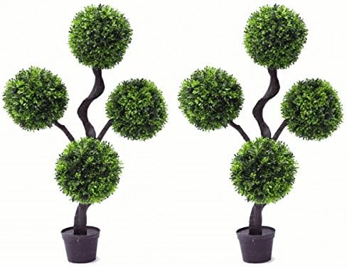 PAIR OF 90cm (3ft) Large Green Boxwood 4-Ball Topiary Artificial Plants Trees with Black Pots
