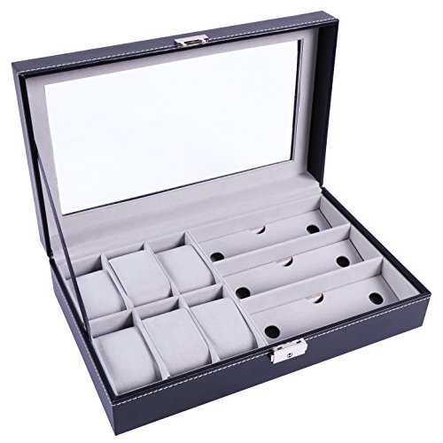 Meshela Leather Watches Jewellery Display Storage Boxes Case for 6 Watches & 3 Sunglasses Eyewears