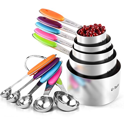 U-Taste Tasses Mesurer Cuillères Mesurer Lot de 10/5 Tasses + 5 Cuillères Cuillère Doseuse en Acier Inoxydable 18/8 Measuring Cups Set AVCE Poignées en Silicone Ustensiles de Cuisine
