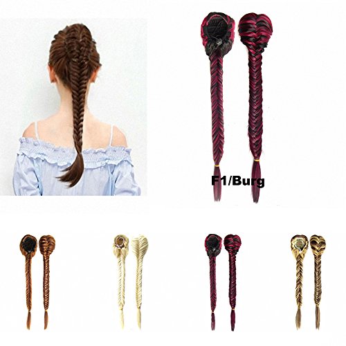 FESHFEN Long Cute Fishtail Braided Ponytail Clip in/on Braided Rope Hair Chignon Drawstring Braid Fishtail Plait Ponytail Hair Extensions Hairpiece 50cm 19 Inch 130g F1/Burg Black & Burg Forested
