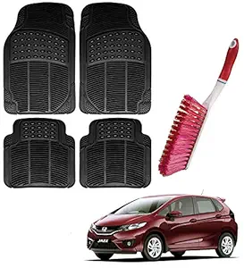 Riderscart PVC Rubber Foot Anti- Slip Car Mat with Cleaning Hard Bristles Brush for Honda Jazz (Black)