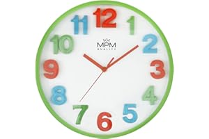 ‎MPM QUALITY MPM Bunte Kinder Wanduhr aus Kunststoff, Grün/Weiß, große Bunte 3D-Ziffern, für ungestörtes Spielen, Quarz-Uhrwerk, geeignet besonders für Kinderzimmer, Kindergarten, die Schule